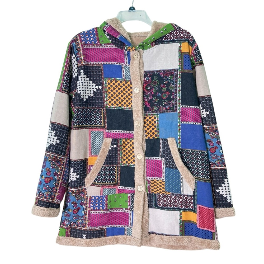 Hippy‎ Patchwork Coat Faux Fur Lined Hooded Multi-Colored Pockets (Size XXL)